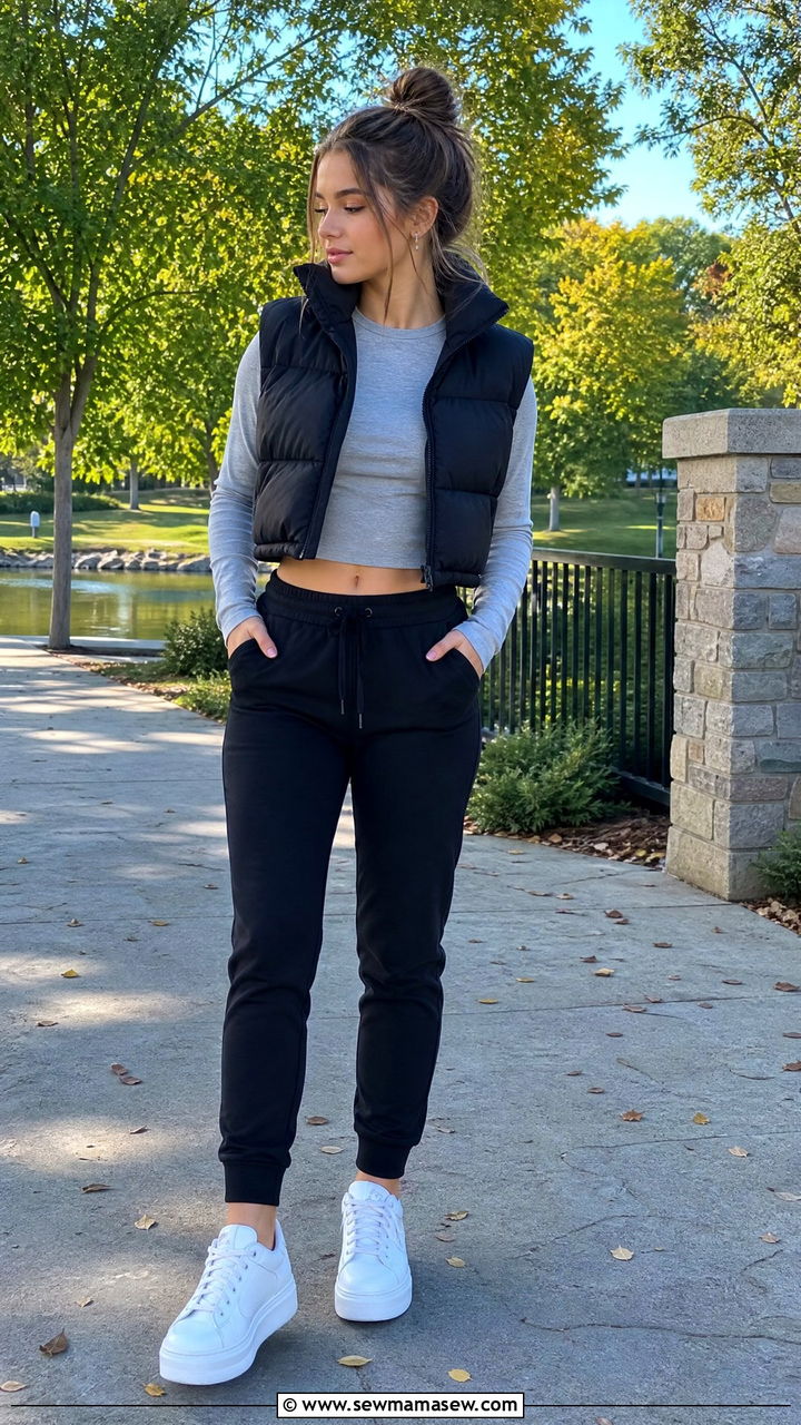 Cropped Puffer Vest With Long Sleeve Tee And Joggers - 25 Petite outfit ideas for teens