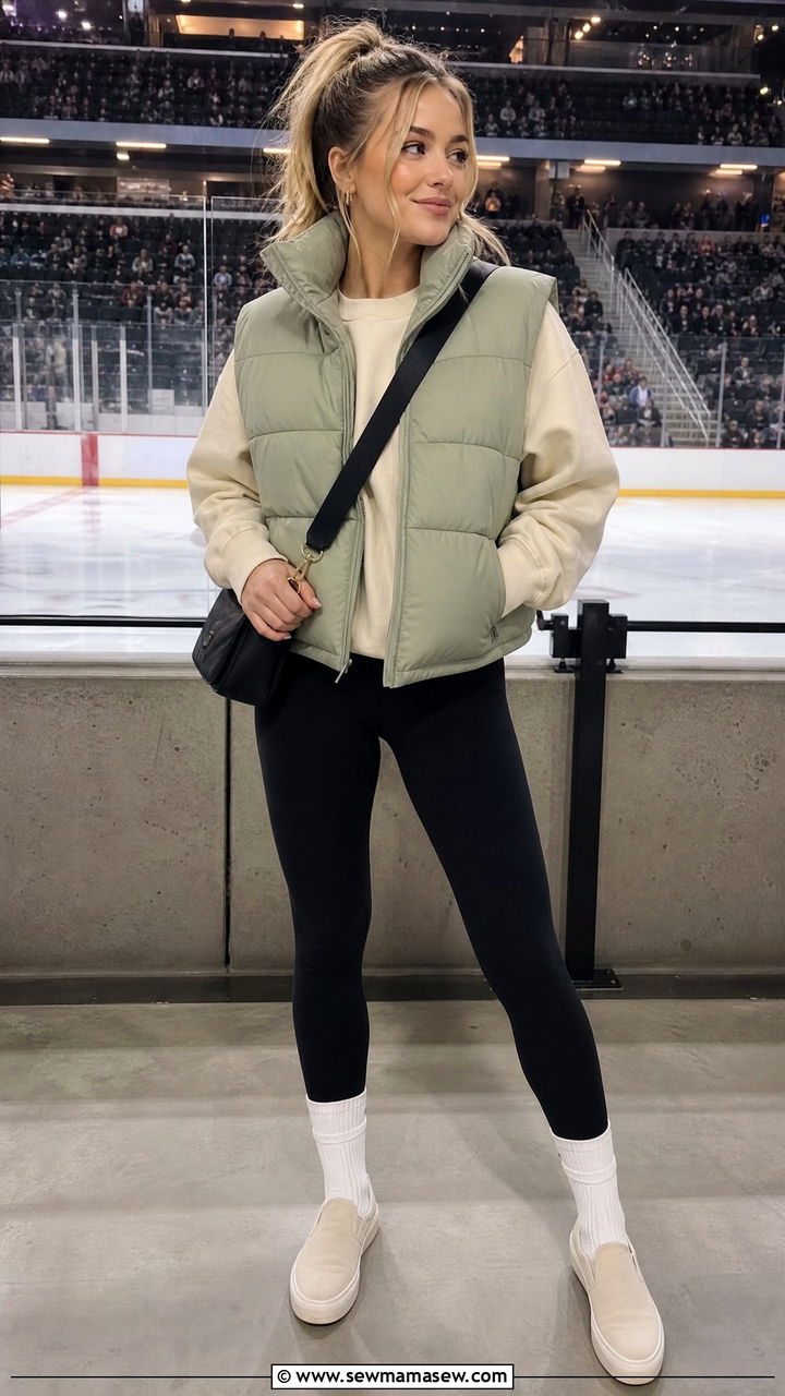 Cropped Puffer Vest with Sweater and Leggings - 25 Hockey game outfit ideas