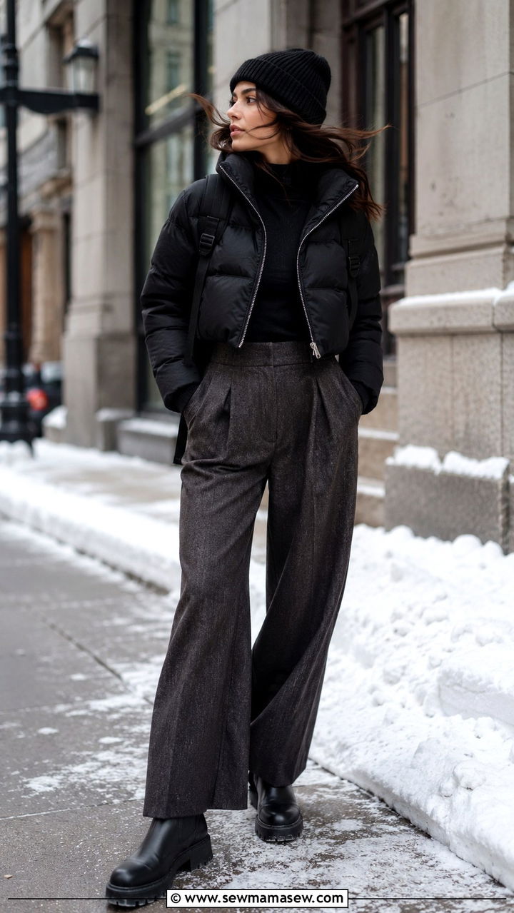 Cropped Puffer With High Waist Trousers And Lug Sole Boots - 25 windy day outfits aesthetic