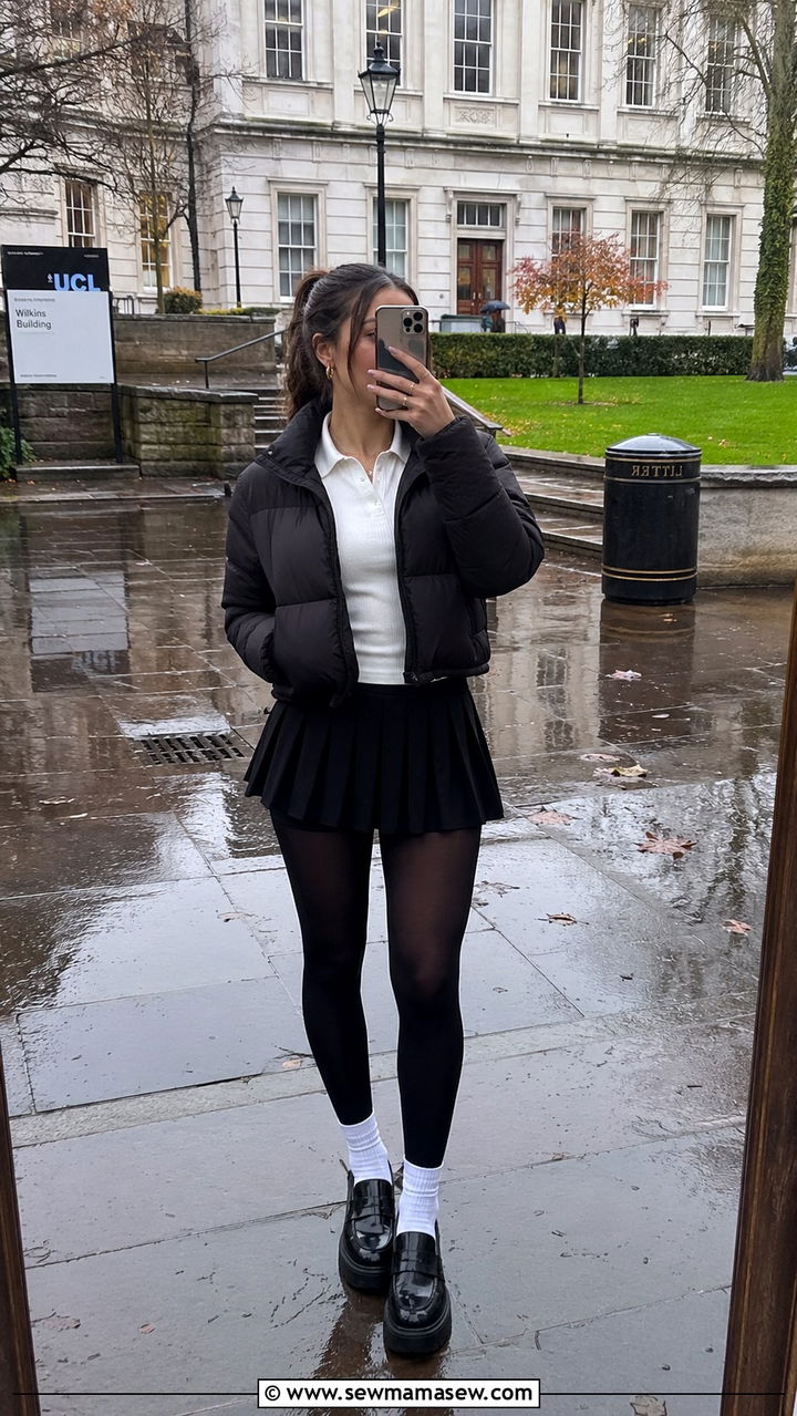 Cropped Puffer With Pleated Tennis Skirt And Lug Sole Loafers - 30 Rainy day travel outfit ideas