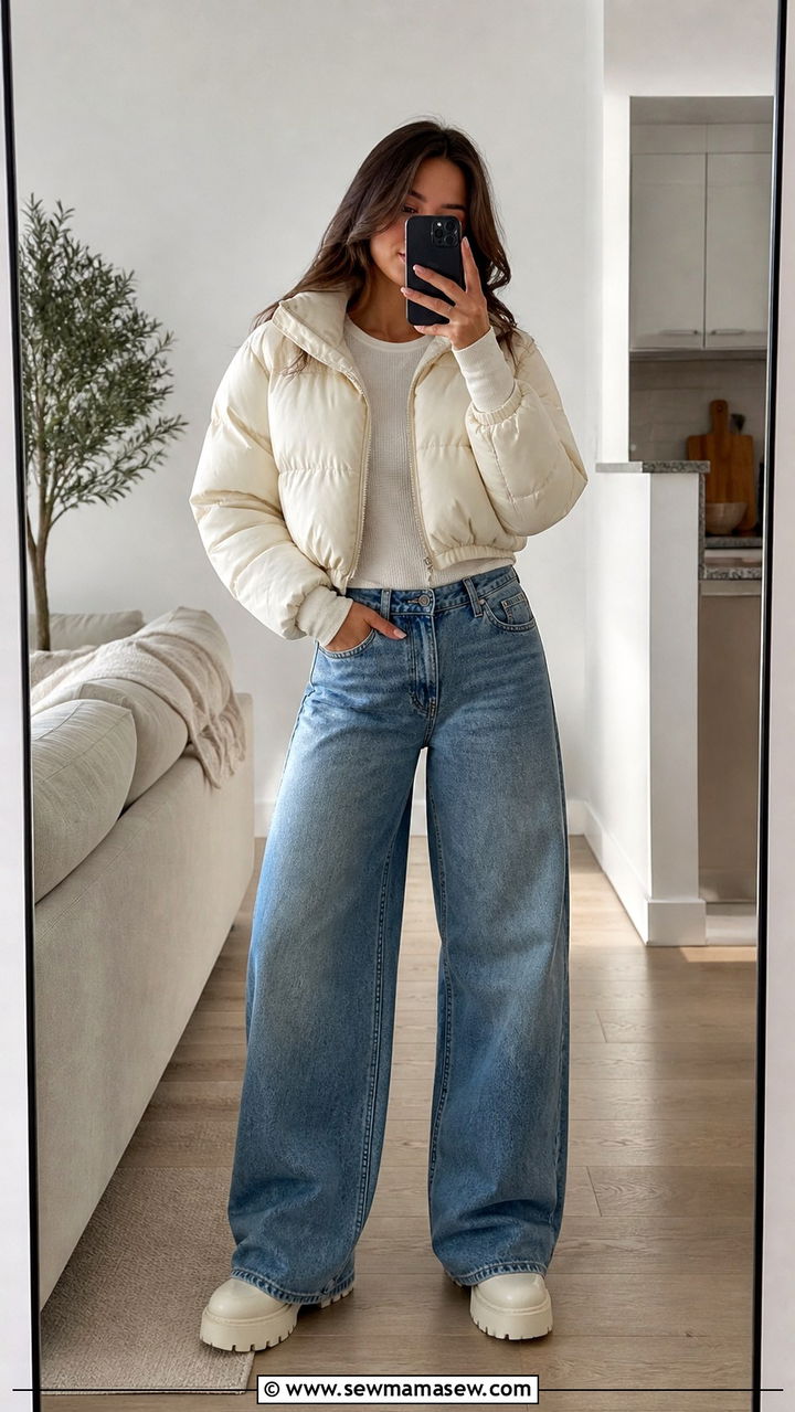 Cropped Puffer with High Waist Wide Leg Jeans - 40 jacket outfits for women