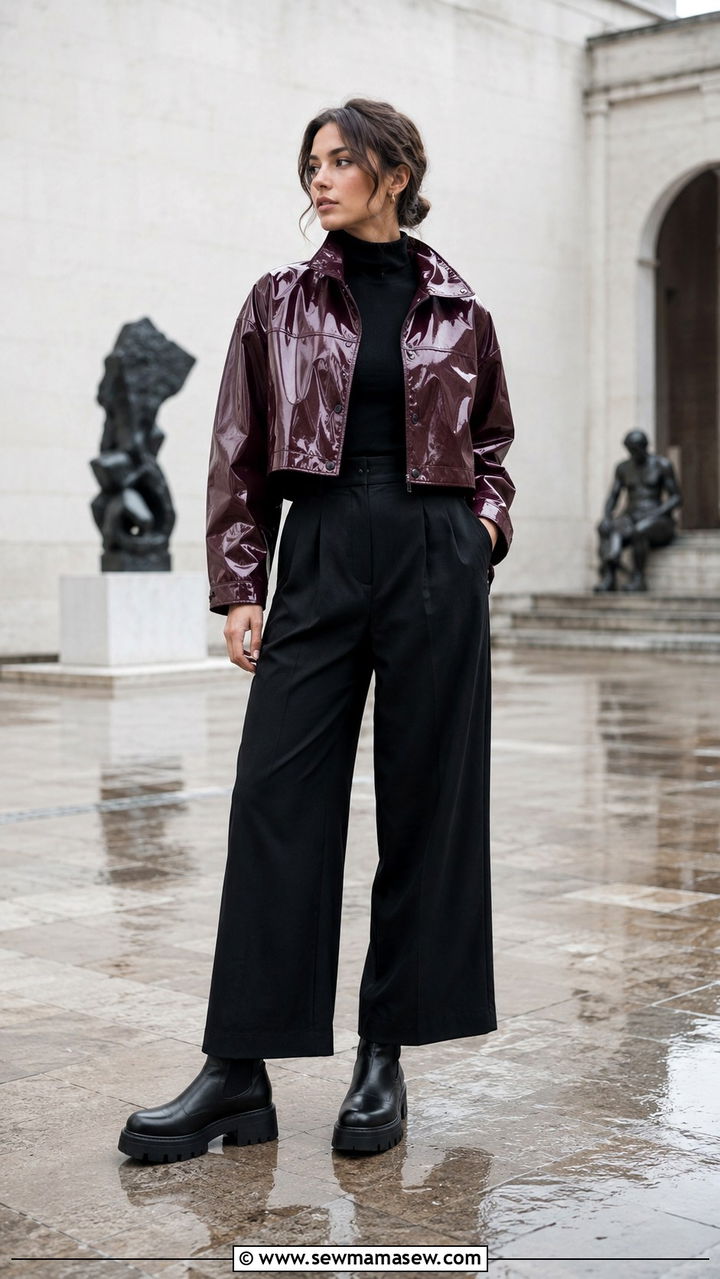 Cropped Rain Jacket With High Waisted Wide Leg Pants And Platform Boots - 30 Rainy day travel outfit ideas