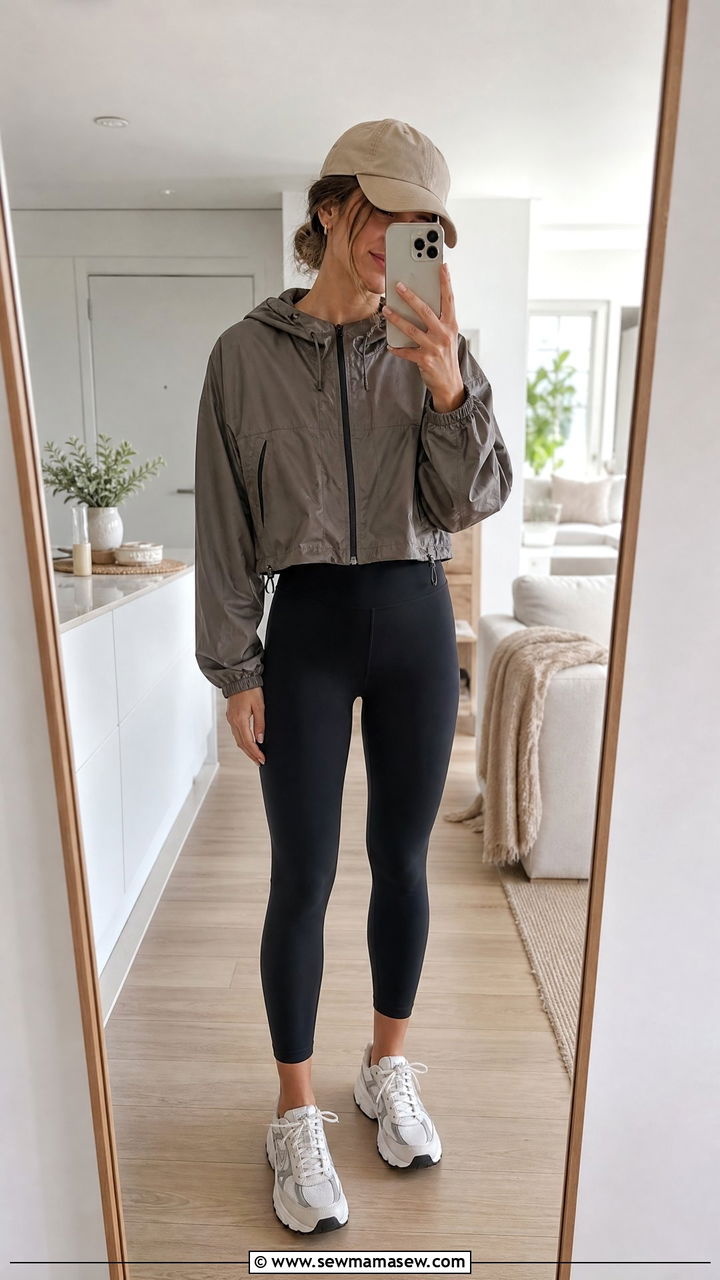 Cropped Rain Jacket With HighWaist Leggings and Chunky Sneakers - 25 Running outfit ideas rainy weather