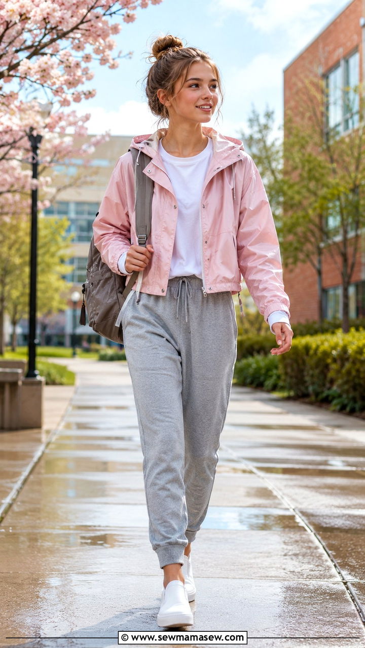 Cropped Rain Jacket With Joggers Outfit - 30 Rainy day school outfit ideas