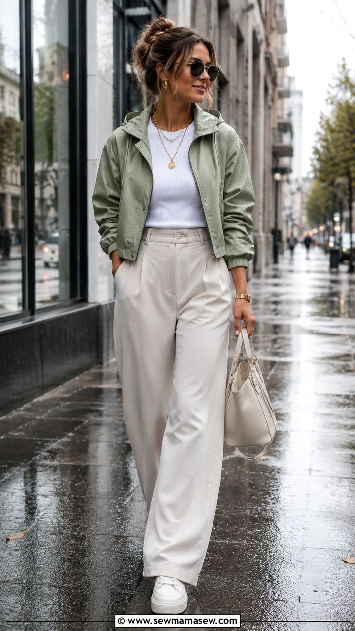 Cropped Rain Jacket With Wide Leg Trousers And Platform Sneakers - 30 Rainy day casual outfit ideas