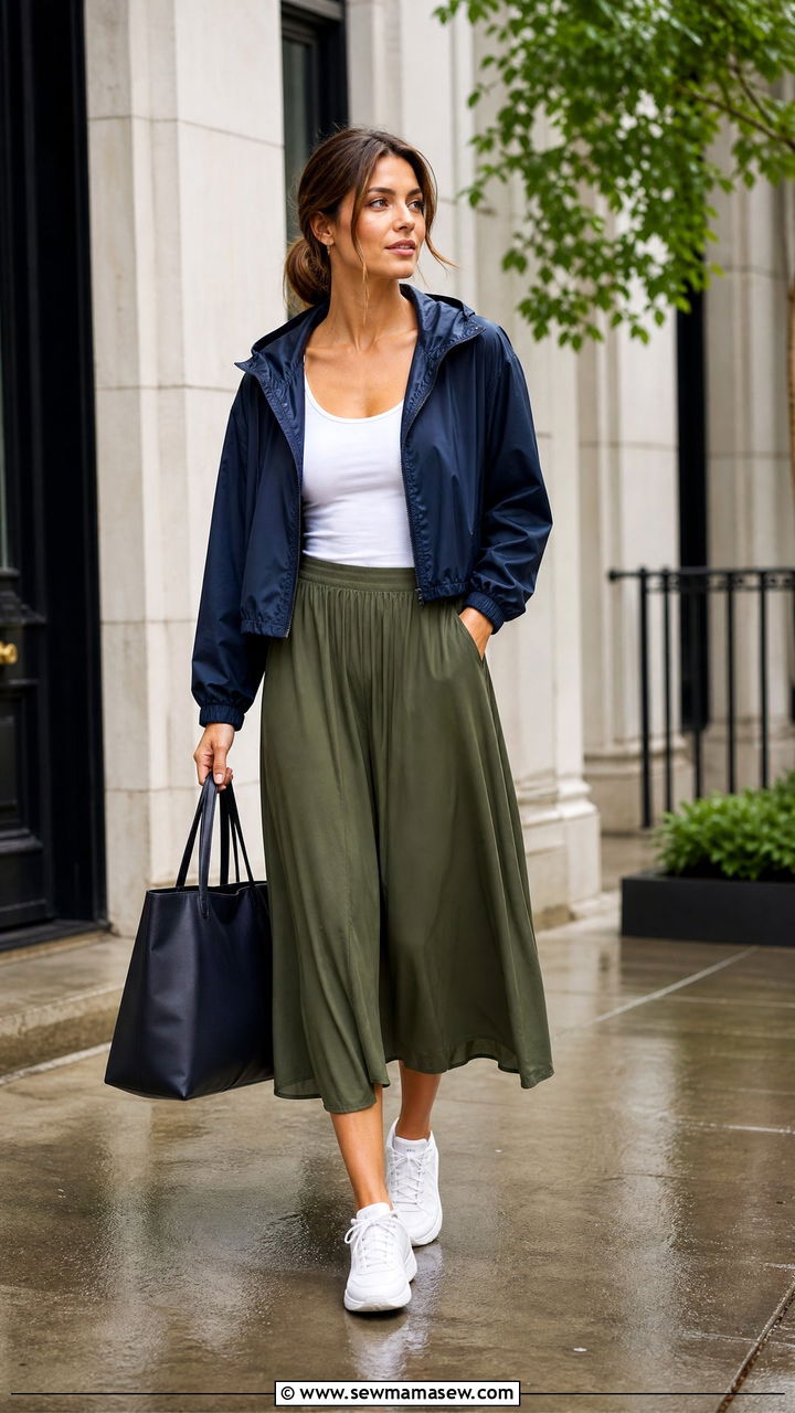 Cropped Rain Jacket with Midi Skirt and Water Resistant Sneakers - 30 summer rainy day outfit ideas