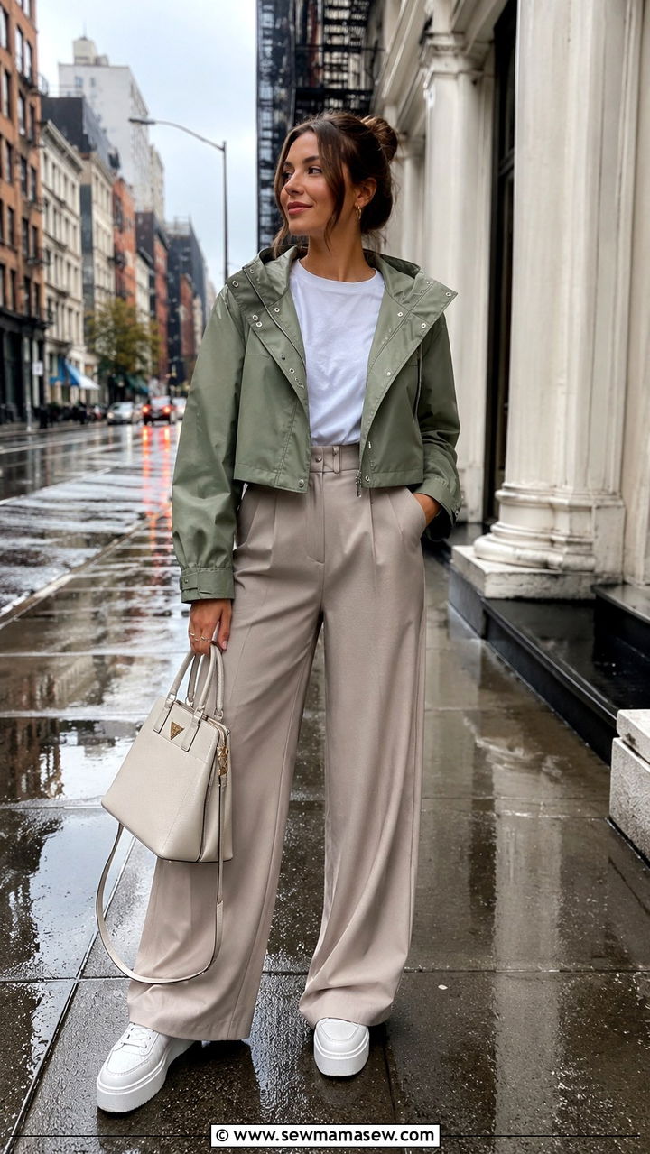 Cropped Rain Jacket with Wide Leg Trousers - 30 Rainy vacation outfit ideas