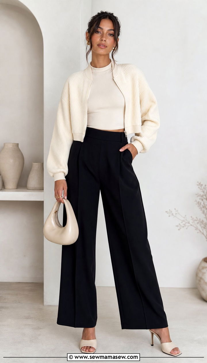 Cropped Ribbed Bomber Jacket With High Waisted Wide Leg Trousers - 25 Summer outfits with bomber jackets