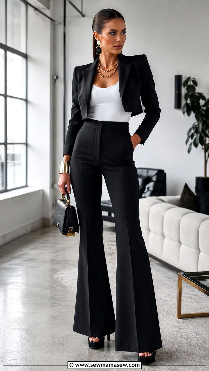 Cropped Sculpted Shoulder Jacket With High Waist Flared Pants - 20 Glamoratti outfit ideas sculpted shoulders
