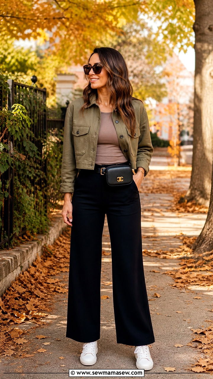 Cropped Shacket with Ponte Palazzo Pants - 40 palazzo pants outfit ideas