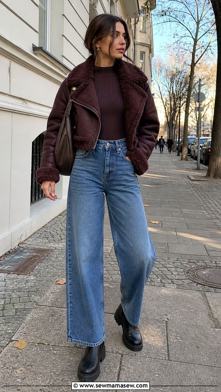 Cropped Shearling Jacket with High Waisted Jeans - 40 Shearling jacket outfit ideas