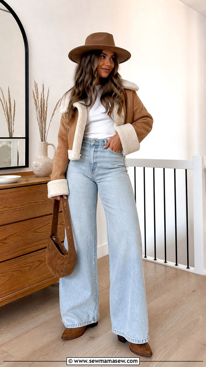 Cropped Shearling Jacket with Wide Leg Denim and Cowboy Hat - 40 Western outfit ideas