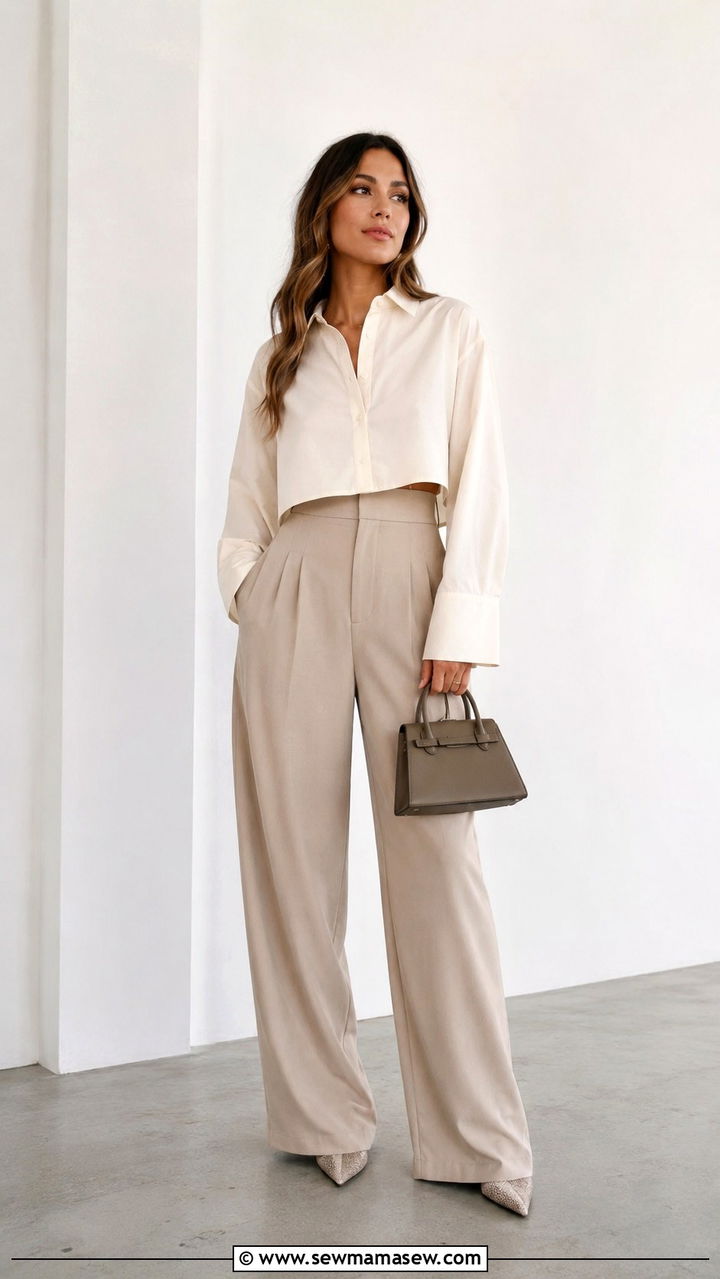 Cropped Shirt Dress With Wide Leg Pants - 30 shirt dress outfit ideas