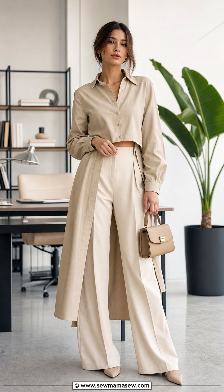 Cropped Shirt Dress with High Waist Wide Leg Pants - 25 spring shirt dress outfit ideas