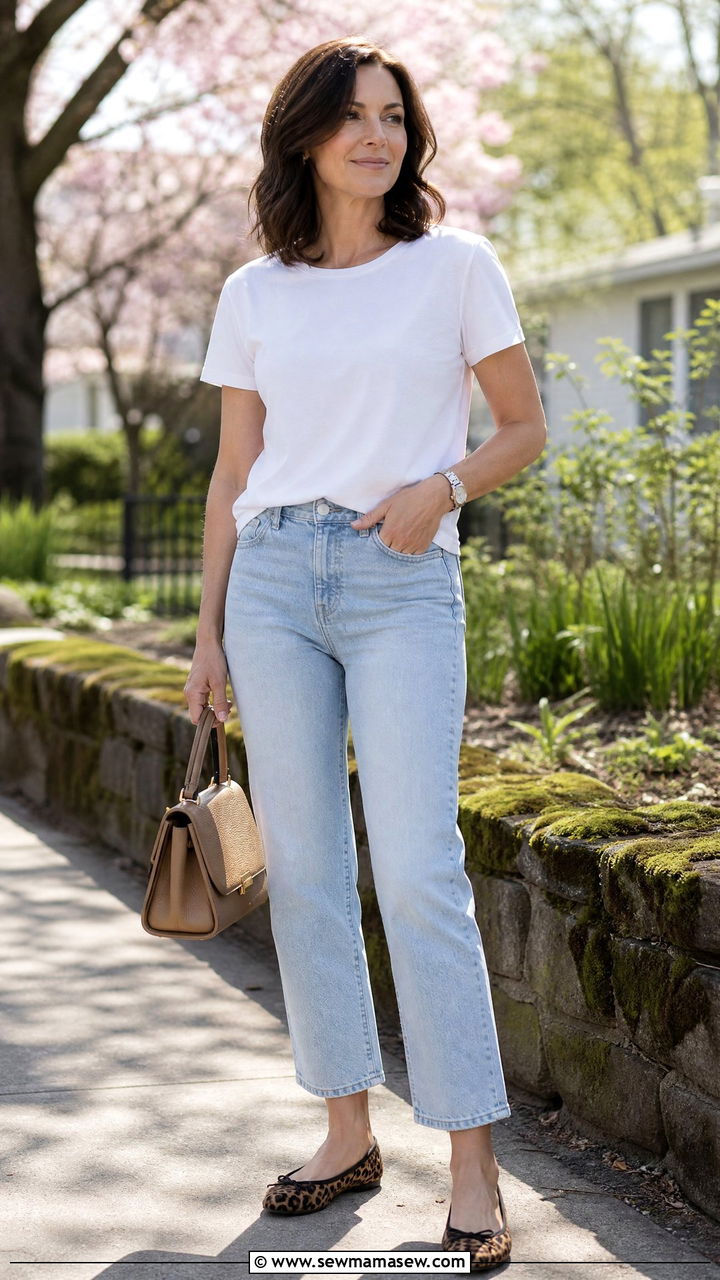 Cropped Straight Leg Jeans With Ballet Flats - 35 jeans outfits for women over 40