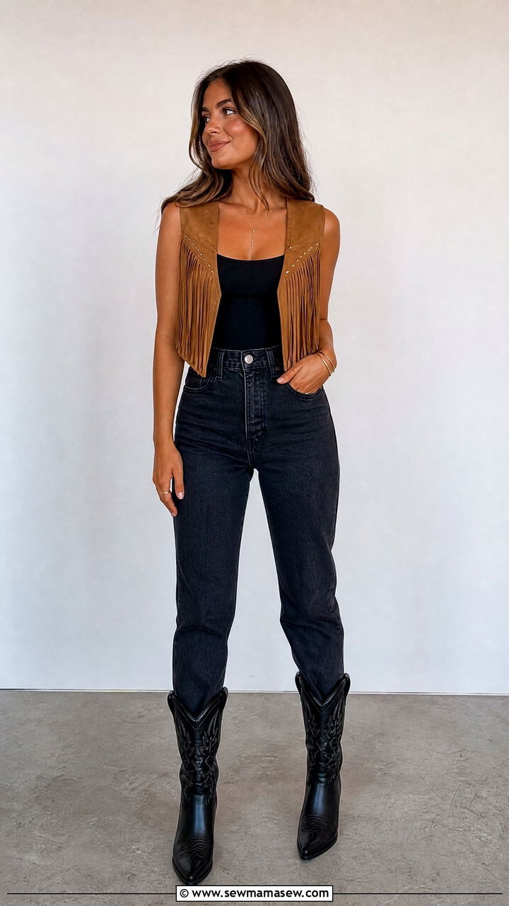 Cropped Suede Fringe Vest with Black Tank and High Waisted Jeans - 30 Country concert outfit ideas petite
