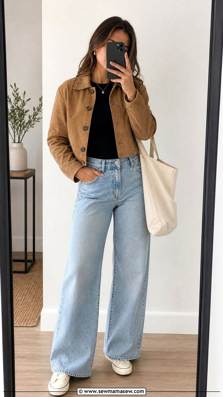 Cropped Suede Jacket Outfit With High Waisted Wide Leg Jeans - 30 Suede jacket outfit ideas