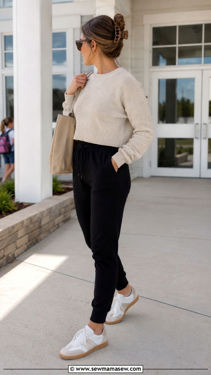 Cropped Sweater High Waisted Joggers And Retro Sneakers - 25 Athleisure outfit ideas school run