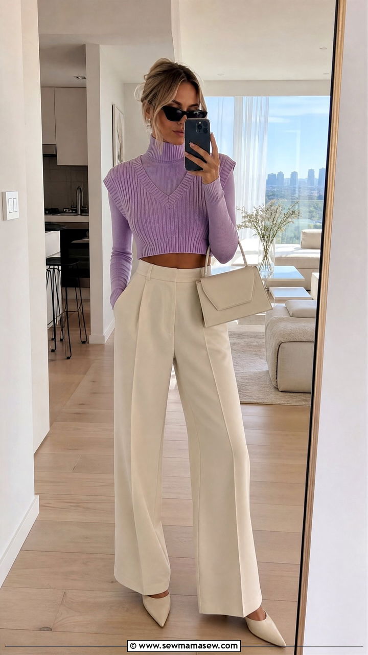 Cropped Sweater Vest With High Waisted Trousers - 25 Spring outfits with sweater vest