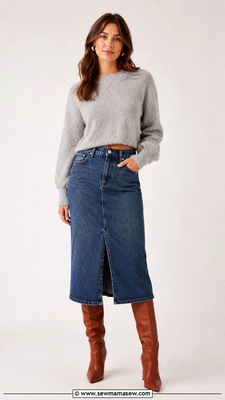 Cropped Sweater With Denim Midi Skirt And Knee High Boots - 30 transitional outfits inspo