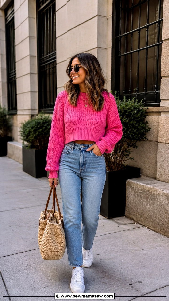 Cropped Sweater With High Waist Jeans And White Sneakers - 30 cute transitional outfits