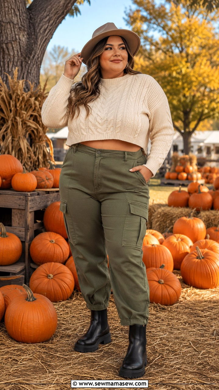 Cropped Sweater With High Waisted Cargo Pants and Chelsea Boots - 30 Plus size outfit ideas with cargo pants