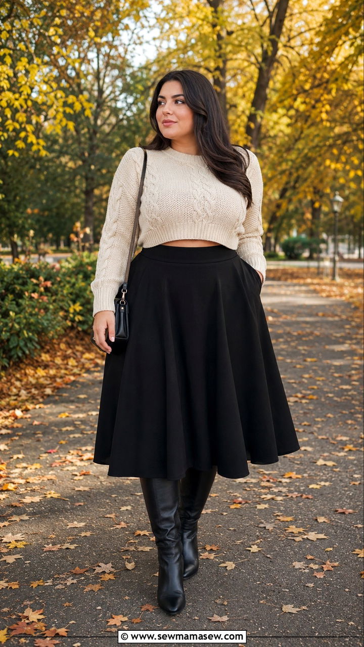 Cropped Sweater With High Waisted Flare Skirt Photoshoot - 25 Photoshoot outfits for pear shape