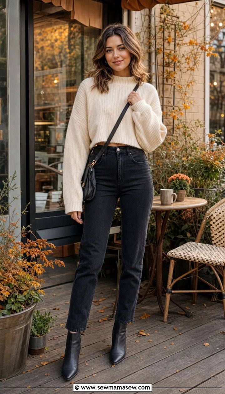 Cropped Sweater With High Waisted Jeans And Ankle Boots - 35 casual errands outfits