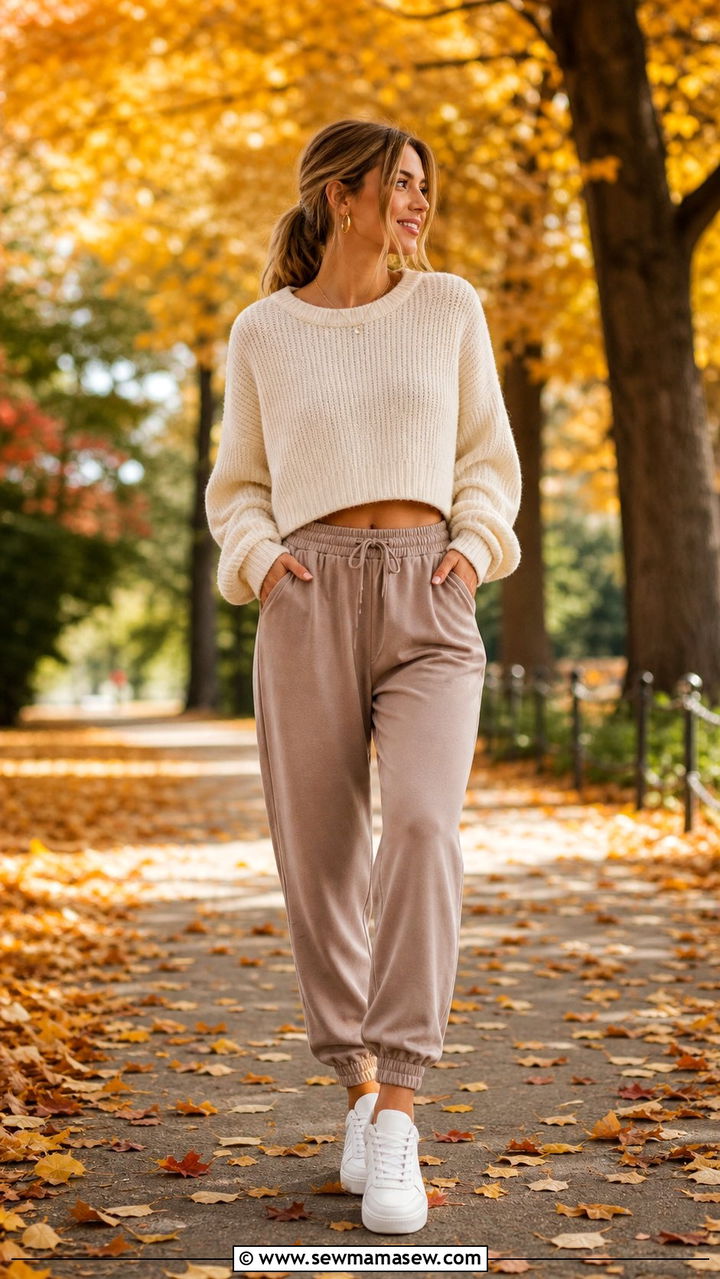 Cropped Sweater With High Waisted Joggers and Sneakers - 35 athleisure outfit ideas for women