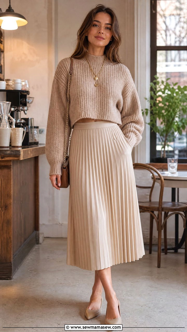 Cropped Sweater With High Waisted Pleated Midi Skirt - 25 Outfits for long torso women