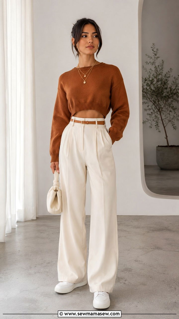 Cropped Sweater With High Waisted Trousers - 30 transitional cute outfit ideas