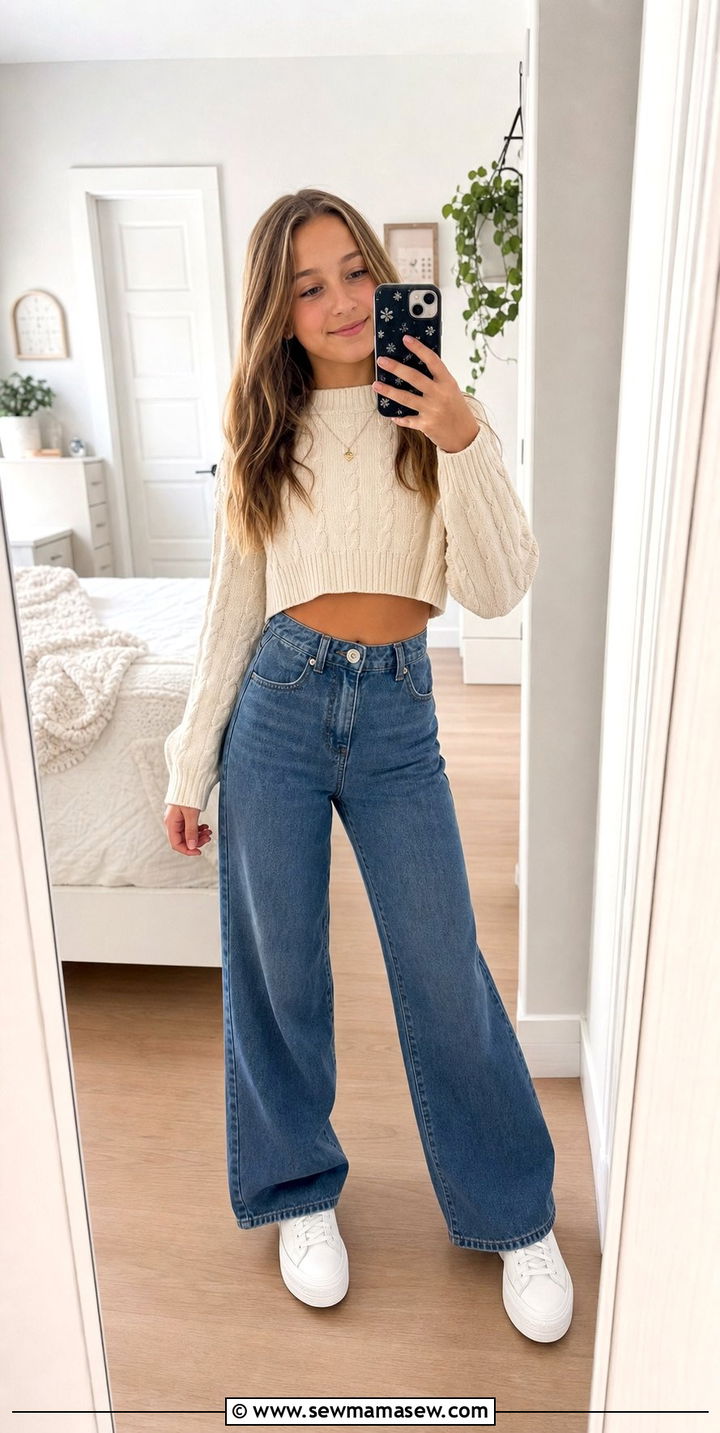 Cropped Sweater With High Waisted Wide Leg Jeans - 35 Back to school outfit ideas 7th grade