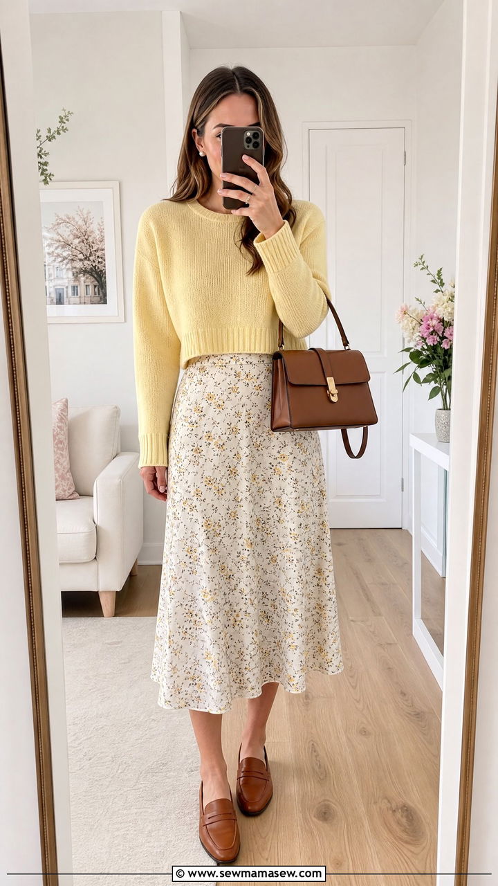 Cropped Sweater With Midi Skirt And Slip On Loafers - 25 Spring outfits with slip ons