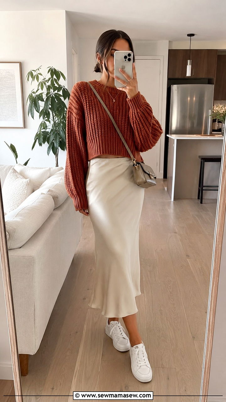 Cropped Sweater With Midi Skirt Outfit - 20 summer to fall outfits Pinterest