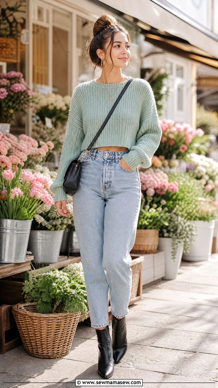 Cropped Sweater With Mom Jeans And Ankle Boots - 25 Spring outfits with mom jeans