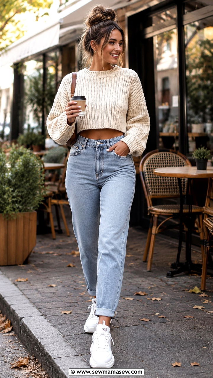 Cropped Sweater With Mom Jeans and White Sneakers - 30 Mom jeans outfit ideas with white sneakers