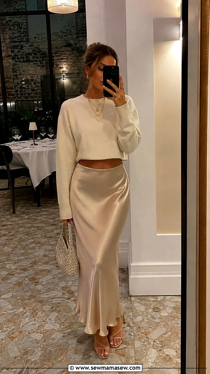 Cropped Sweater With Satin Maxi Skirt - 30 Maxi skirt outfit ideas with a sweater
