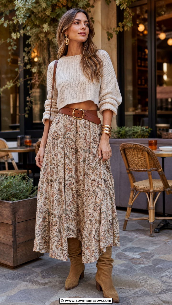 Cropped Sweater With Tiered Maxi Skirt - 35 Modern boho outfit ideas