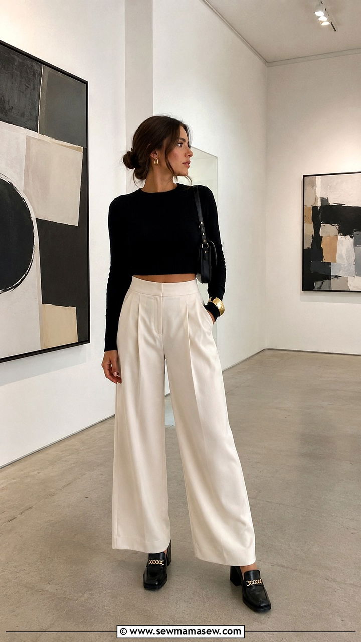 Cropped Sweater and High Waist Wide Leg Pants With Heeled Loafers - 20 Photography exhibit outfit ideas