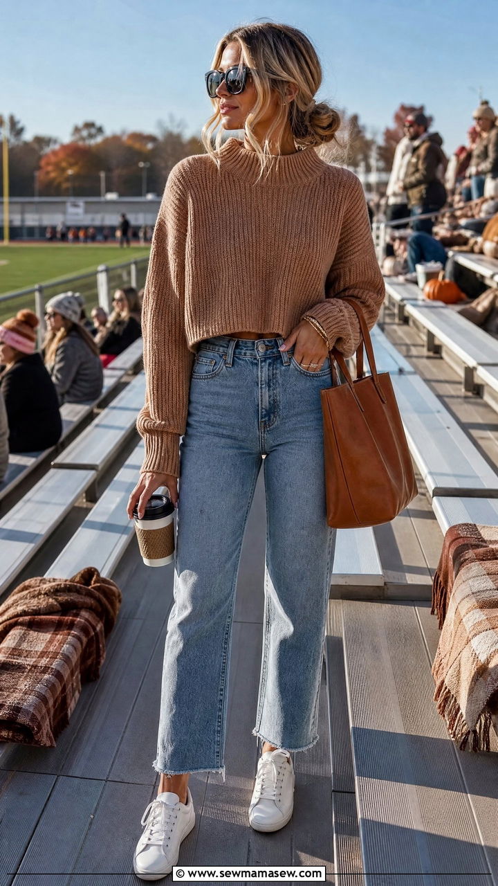 Cropped Sweater and High Waisted Mom Jeans Outfit - 25 Football game outfit ideas mom