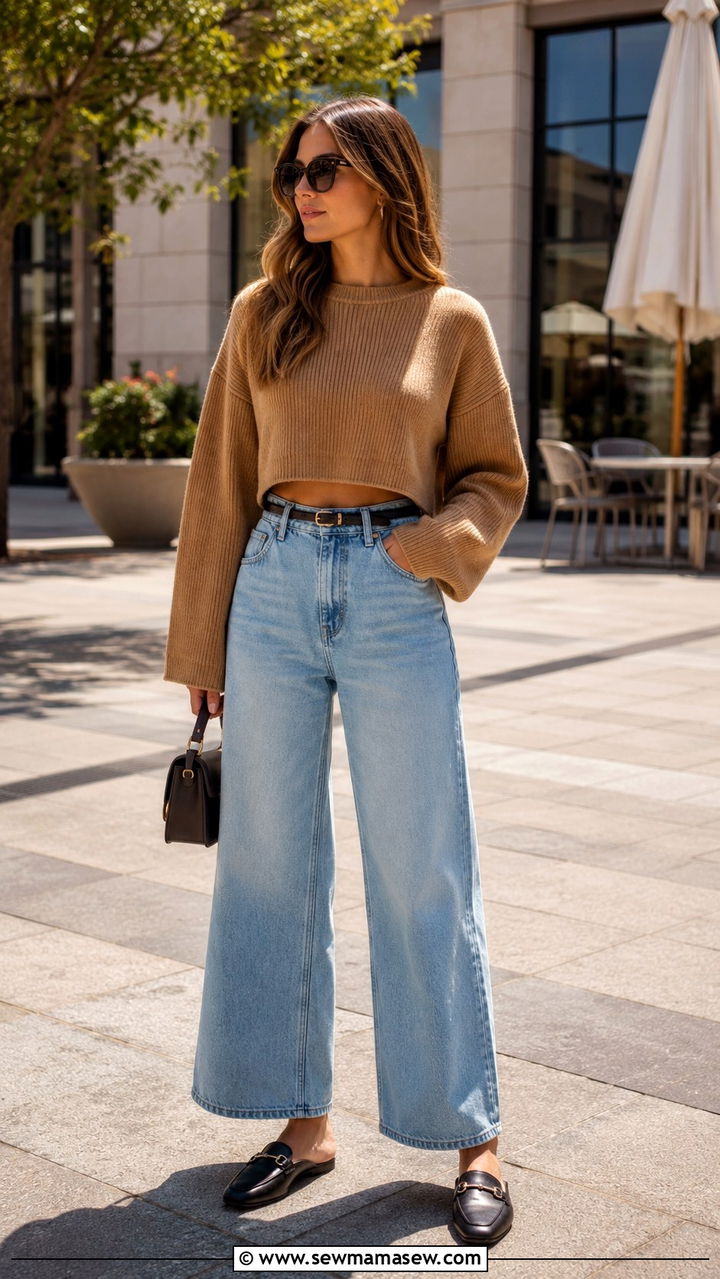 Cropped Sweater and High Waisted Wide Leg Jeans - 25 Wide leg jeans outfit ideas with a sweater