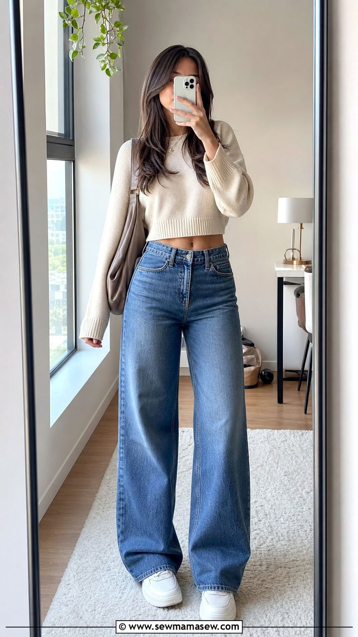 Cropped Sweater and High Waisted Wide Leg Jeans School Outfit - 35 back to school outfits Pinterest