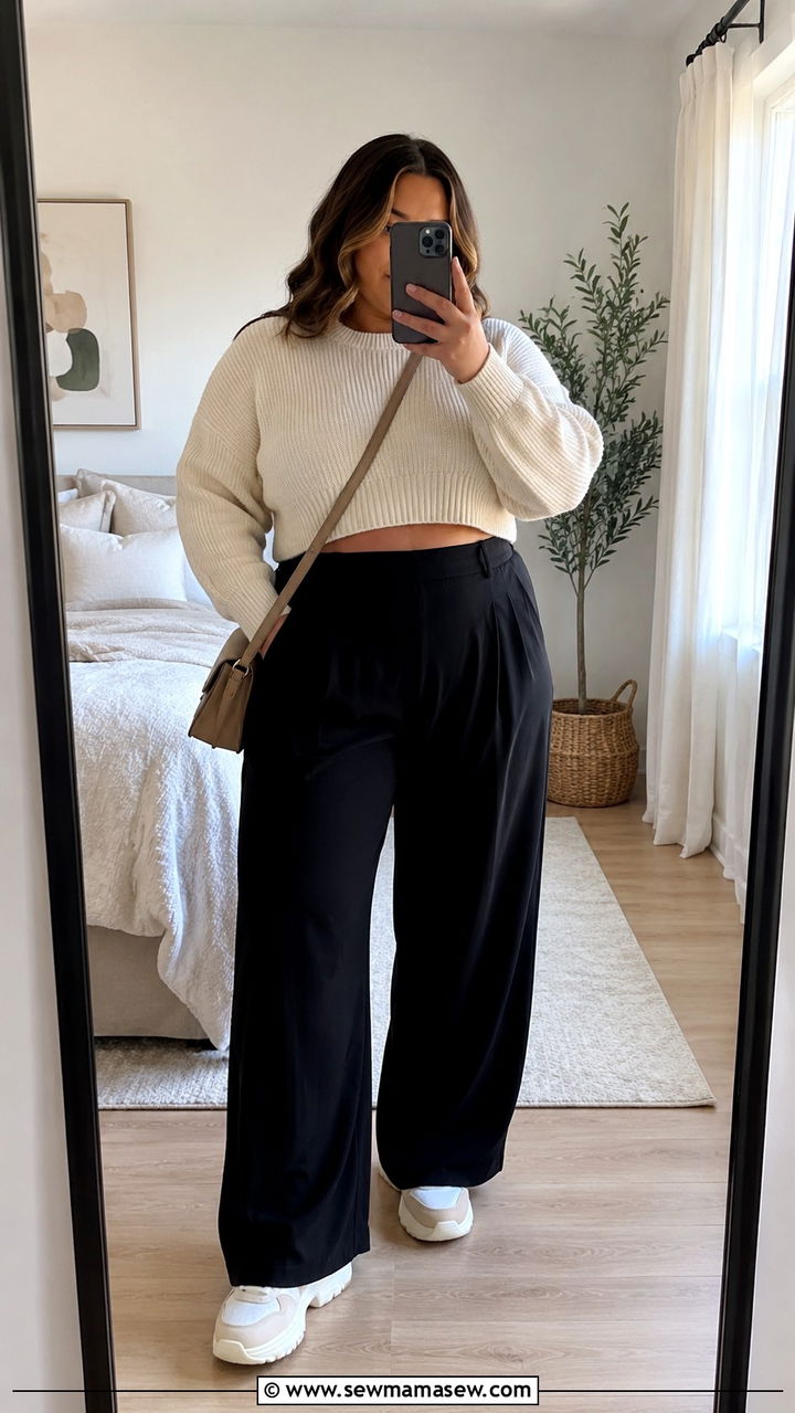Cropped Sweater and High Waisted Wide Leg Pants - 30 Plus size outfit ideas with wide leg pants