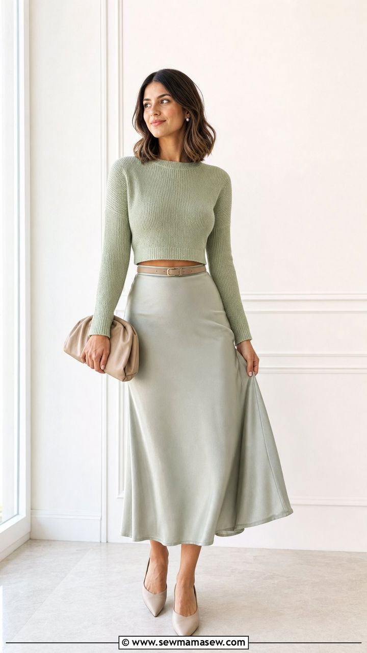 Cropped Sweater and Satin Midi Skirt Outfit - 25 Spring outfits for women in their 20s