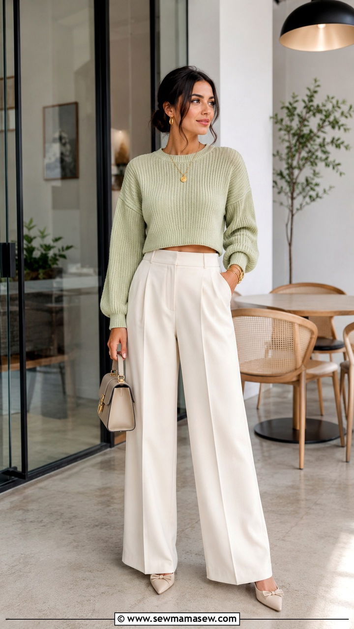 Cropped Sweater and Wide Leg Trousers Outfit - 30 spring petite outfit ideas