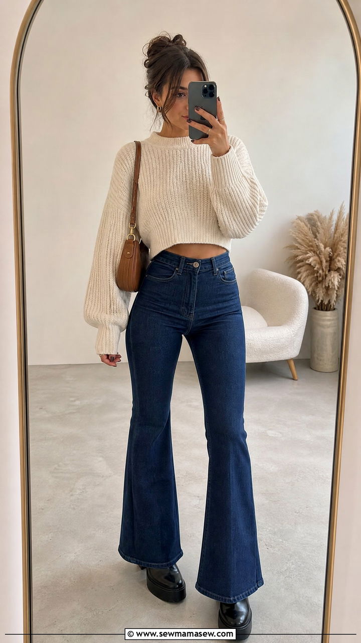 Cropped Sweater with Flare Jeans and Platform Ankle Boots - 30 Flare jeans outfit ideas with boots