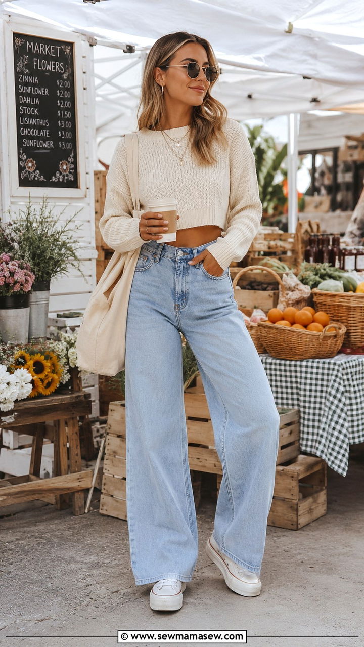 Cropped Sweater with High Rise Wide Leg Jeans - 30 Outfit ideas for long legs