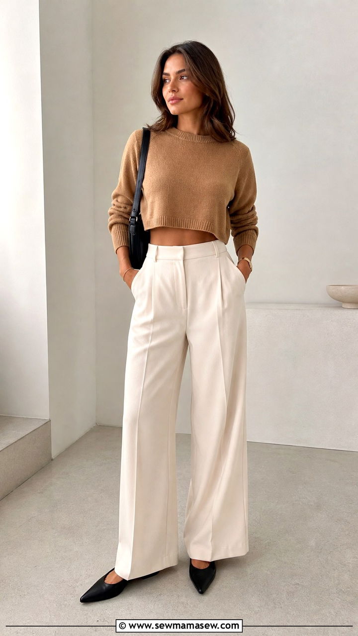 Cropped Sweater with High Waist Trousers and Pointed Flats - 40 transitional outfits