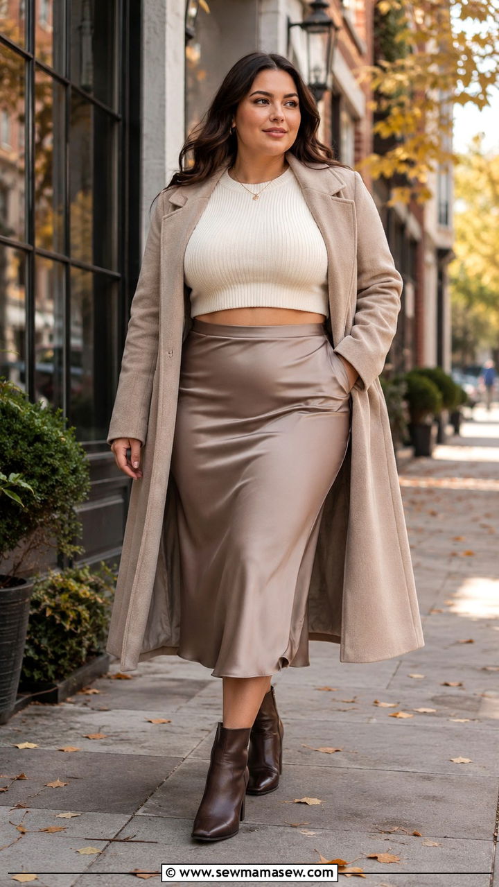 Cropped Sweater with High Waisted Midi Skirt and Boots - 25 Outfit ideas for size 10 hourglass