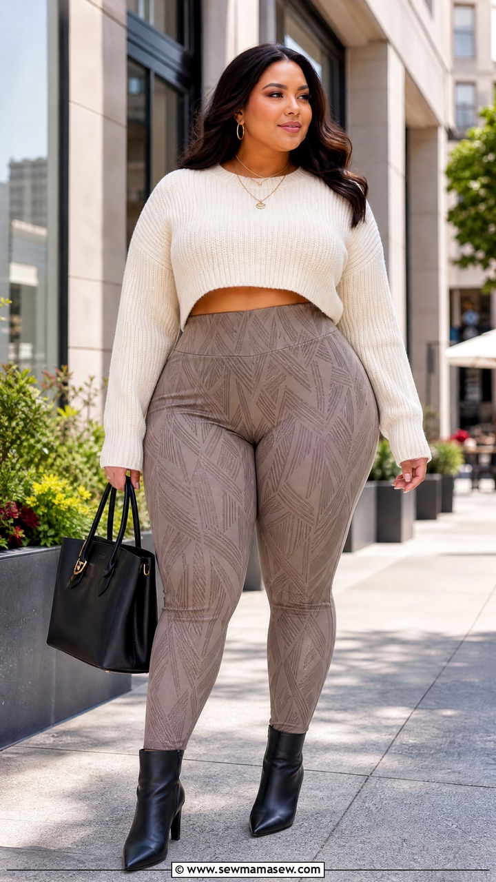 Cropped Sweater with Patterned Leggings - 30 Plus size outfit ideas with leggings